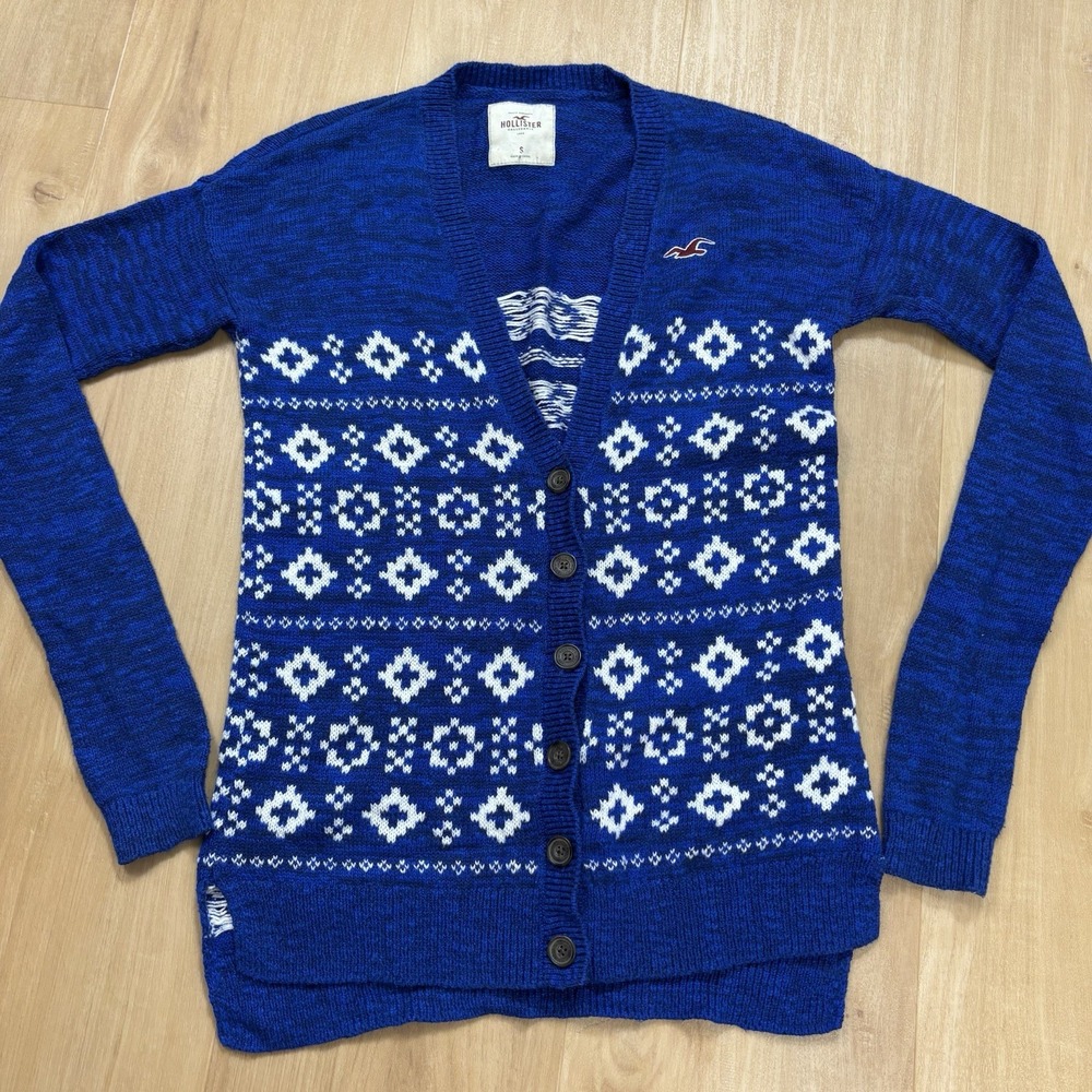 Hollister Women's Small Blue/White Cardigan Sweater Button-up Knit Fair Isle